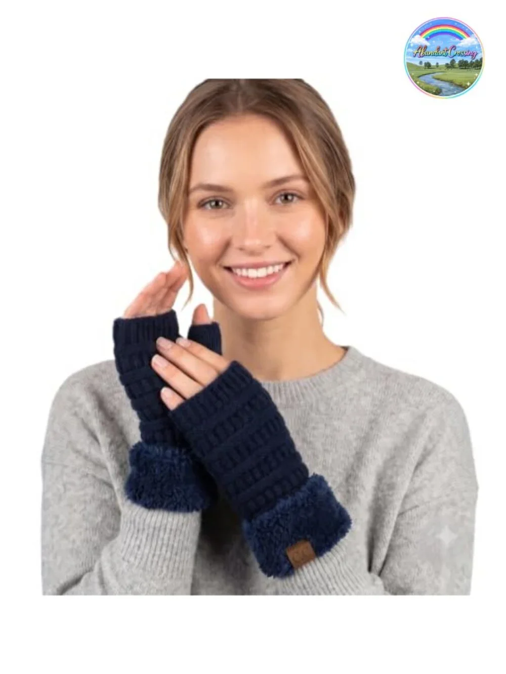 Women's Warm Knit Fingerless Gloves, Fleece Lined Half Finger Winter Mittens